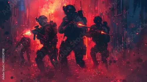 Elite Special Ops Team Engaging in Intense Combat in Smoke-Filled Urban Warzone