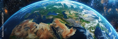 Earth Surface Viewed from Space: Realistic Globe Features and World Map in Outer Space photo