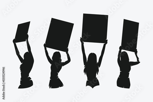 set of silhouettes of sexy ring girl lifting boards. isolated on white background. vector illustration.