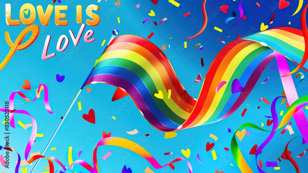 Celebrating LGBTQ+ Pride Month 2024: a large, flowing rainbow flag against a bright sky-blue background with colorful confetti and streamers, symbolizing pride, diversity, and celebration. Celebrating LGBTQ+ Pride Month 2024: a large, flowing rainbow flag against a bright sky-blue background with colorful confetti and streamers, symbolizing pride, diversity, and celebration.