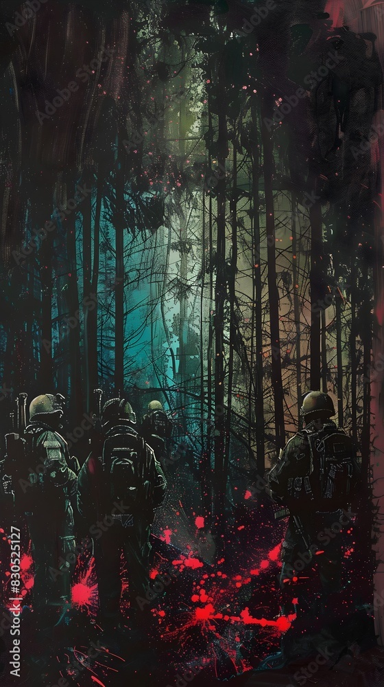 Fototapeta premium Haunting Sci-Fi Forest Landscape with Mysterious Figures in Dystopian Atmosphere