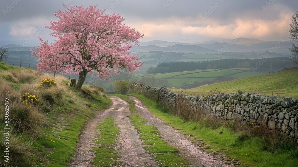 A serene countryside path bordered by cherry blossom trees in full bloom, with a backdrop of rolling hills and a cloudy sky A serene countryside path bordered by cherry blossom trees in full bloom, with a backdrop of rolling hills and a cloudy sky
