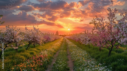 A pathway through a blooming orchard with rows of fruit trees and colorful blossoms, under a serene cloudy sky