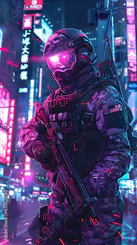 Heavily Armed Futuristic Soldier on Night Patrol in Vibrant City
