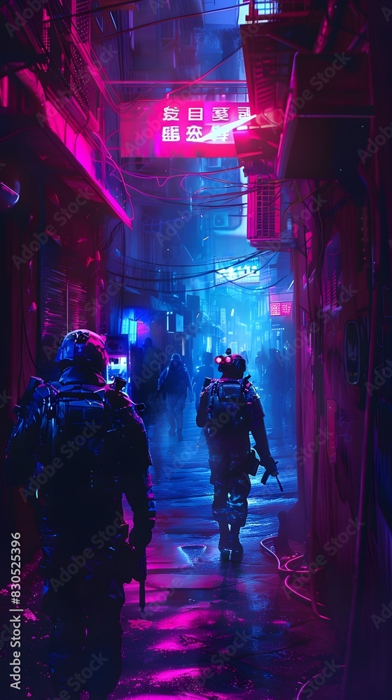 Mysterious Neon-Lit Alleyway in Futuristic Cityscape Mysterious Neon-Lit Alleyway in Futuristic Cityscape