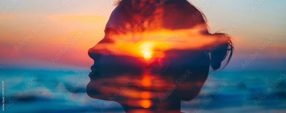 Sunset silhouette of a person with the ocean in the background. Sunset silhouette of a person with the ocean in the background.