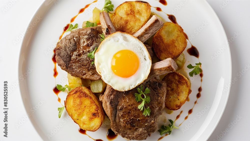 A prepared food plate featuring a meat chop, potatoes, and an egg A prepared food plate featuring a meat chop, potatoes, and an egg