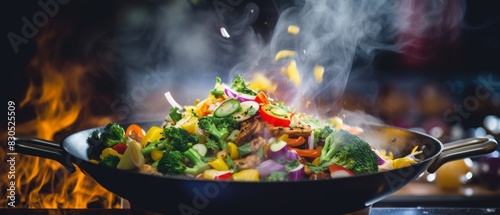 Steaming vegetables cooking in a wok over a flame. photo
