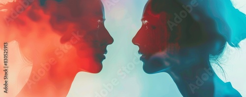 Two faces, red and blue, in a close-up portrait.