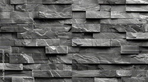  A monochrome image of a marble wall, comprised of gray blocks, features a singular figure in black and white, standing before it