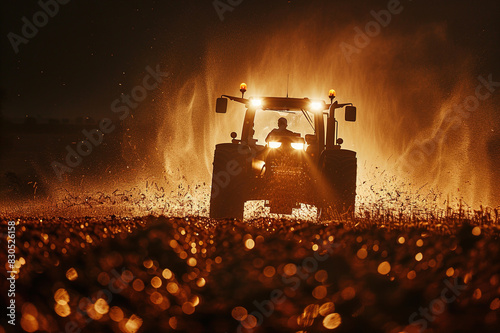 Tractor plowing darkened fields, night sky and farming operations in rural area.