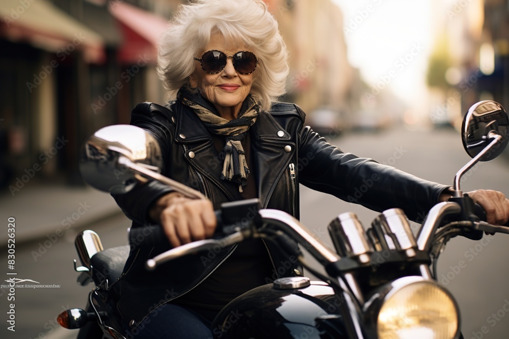 Traveling, car trips and an elderly woman on a motorcycle in search of adventure, freedom and a pleasant time in retirement. a woman rides a motorcycle on vacation, on vacation and on a trip