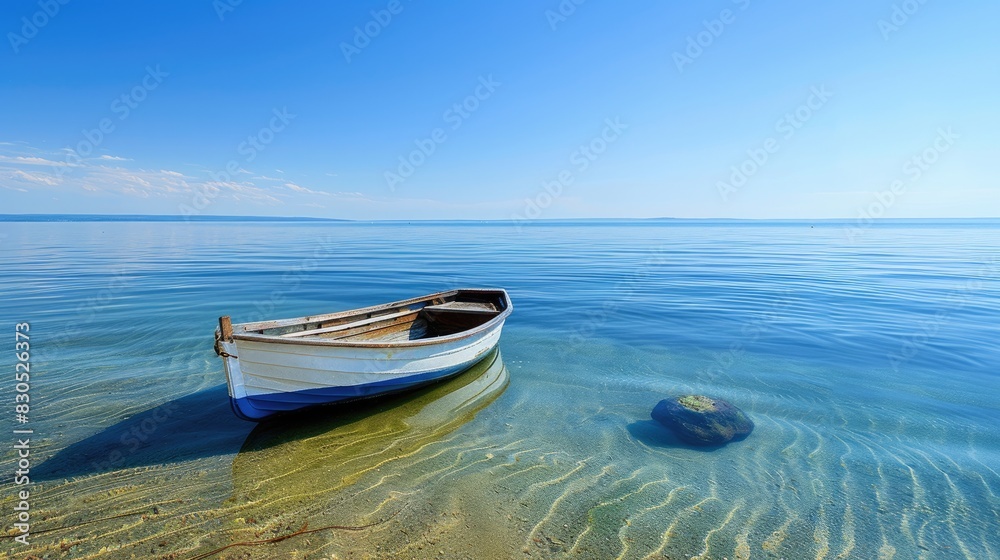 Idyllic seascape with a small boat on calm waters under a clear blue sky, representing adventure and travel
