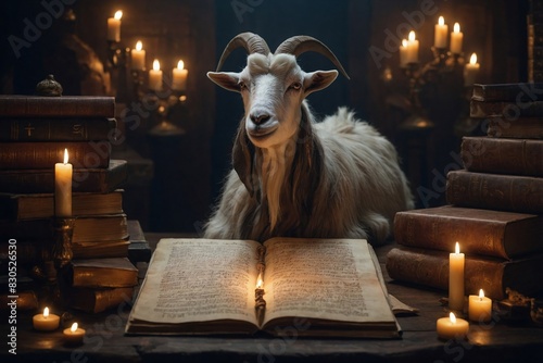 Fantasy image of the goat sits in an ancient, enchanted library, and reads book photo