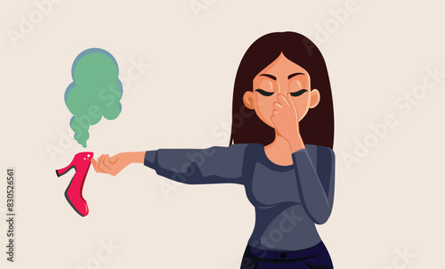 Woman Covering Nose Holding Stinky Shoe Vector Cartoon. Unhappy girl feeling disgusted by new shoes odor 
