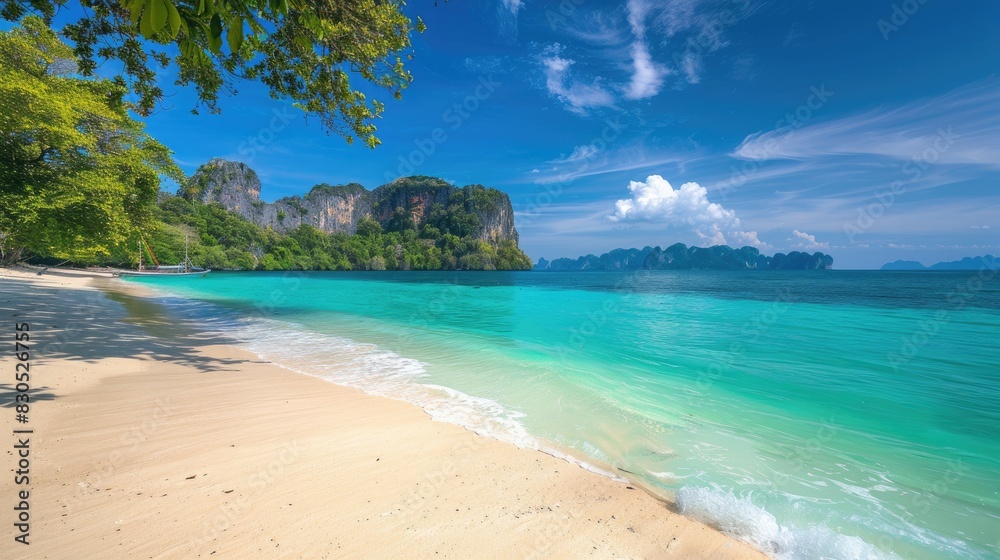 Majestic seascape with a peaceful beach, clear waters, and a bright blue sky, perfect for travel and holiday visuals.
