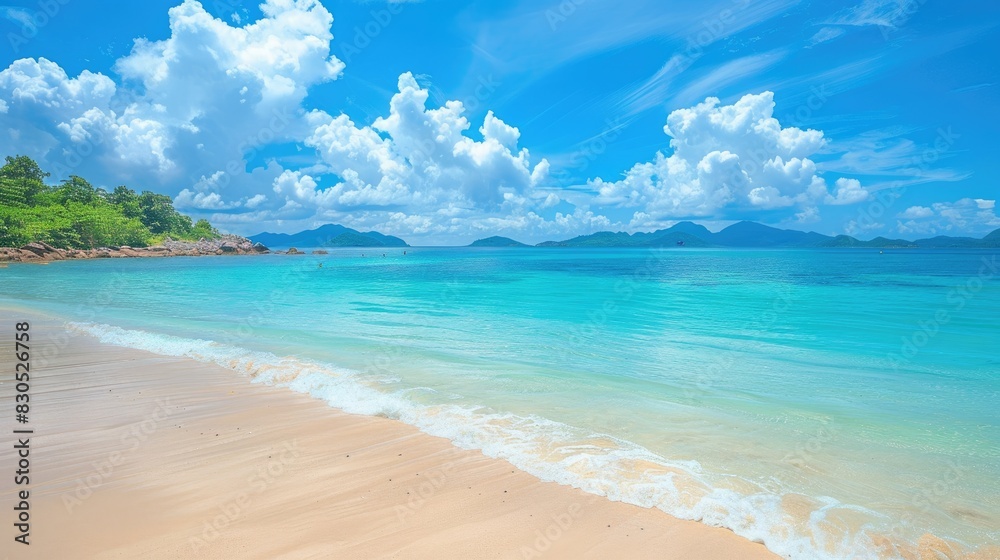 Majestic seascape with a peaceful beach, clear waters, and a bright blue sky, perfect for travel and holiday visuals.