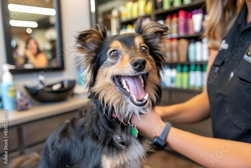 Excited sheltie anticipating stylish haircut, capturing mood of anxious animal in scene of grooming © Oksana