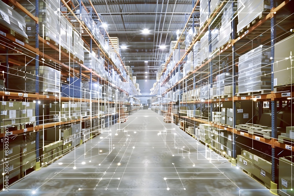 A large warehouse where goods are stored with lots of high shelves