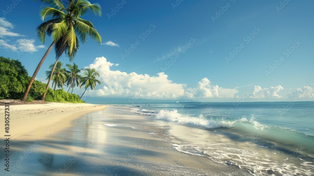 Fototapeta premium Panoramic beach scene with coconut palms and turquoise waters under a clear blue sky, perfect for vacation and relaxation themes.