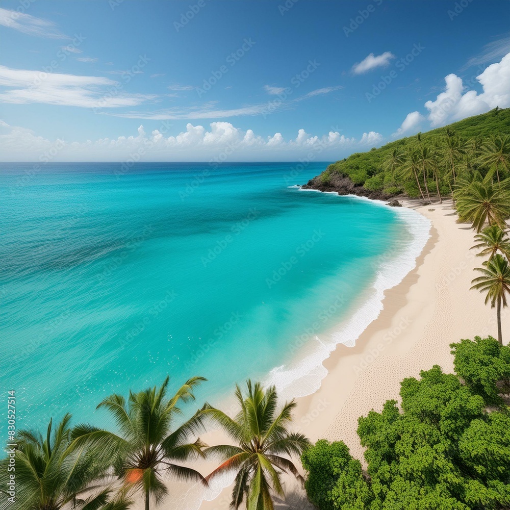 beach with palm trees, Aerial view of a summer beach with turquoise waters and clear skies beach with palm trees, Aerial view of a summer beach with turquoise waters and clear skies