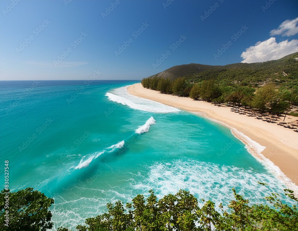 beach with sky, Aerial view of a summer beach with turquoise waters and clear skies