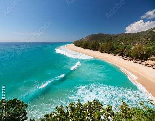 beach with sky, Aerial view of a summer beach with turquoise waters and clear skies