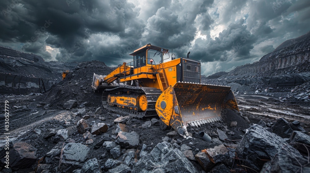 Bulldozer moving large rocks and soil at a coal mine, dramatic sky with heavy machinery operating Bulldozer moving large rocks and soil at a coal mine, dramatic sky with heavy machinery operating