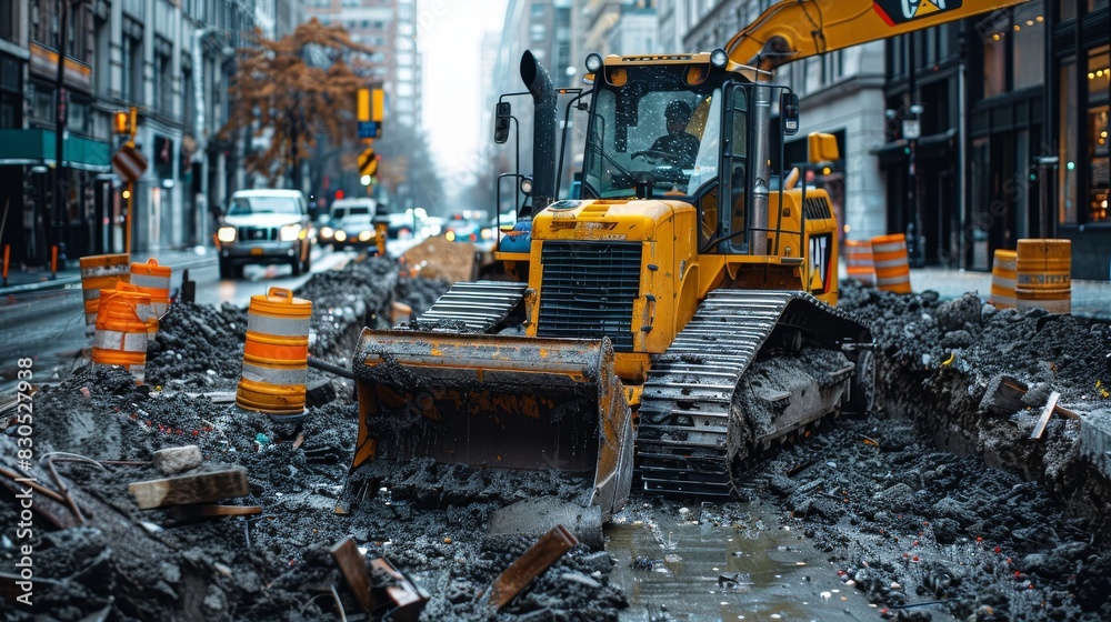Bulldozer with a large bucket moving dirt on a construction site, powerful machinery in action, clear sky background Bulldozer with a large bucket moving dirt on a construction site, powerful machinery in action, clear sky background