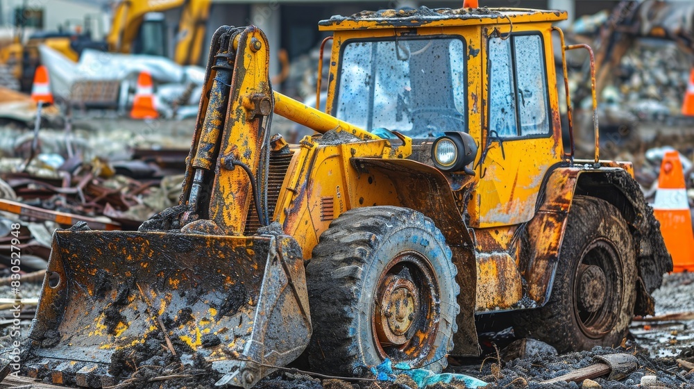 Bulldozer with a large bucket moving dirt on a construction site, powerful machinery in action, clear sky background Bulldozer with a large bucket moving dirt on a construction site, powerful machinery in action, clear sky background