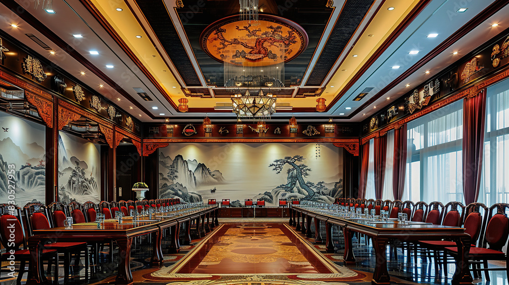 Obraz premium Chinese hotel meeting room, Chinese restaurant, with a long table and chairs