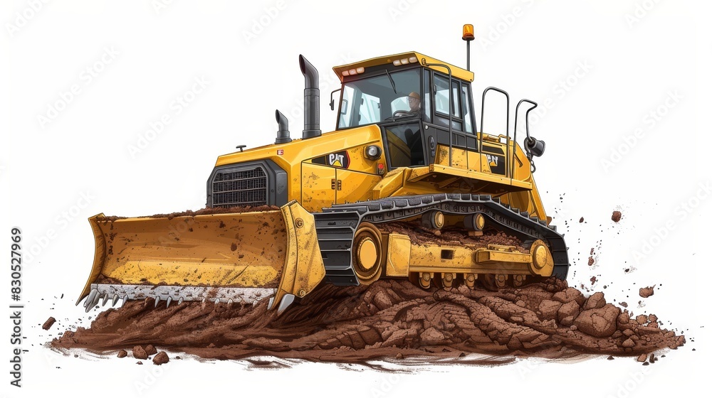 Bulldozer with a large bucket moving dirt on a construction site, powerful machinery in action, clear sky background Bulldozer with a large bucket moving dirt on a construction site, powerful machinery in action, clear sky background