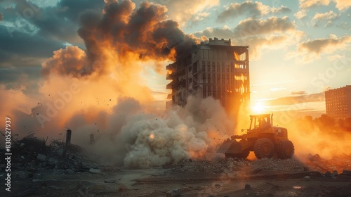 Bulldozer tearing down an urban building, dense smoke clouding the area, sunset casting a glowing light on the scene photo