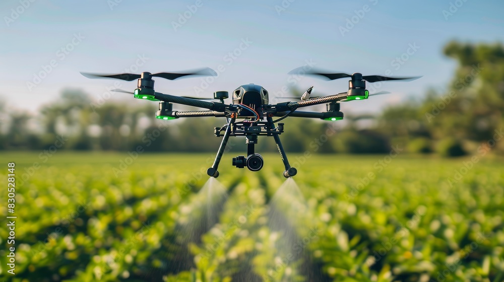 Close up of a drone's nozzles spraying chemicals over a vast green field, set against a perfectly clear sky Close up of a drone's nozzles spraying chemicals over a vast green field, set against a perfectly clear sky