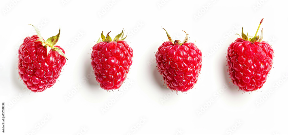 Four ripe raspberries flying isolated on white background. Summer food concept. Banner Four ripe raspberries flying isolated on white background. Summer food concept. Banner