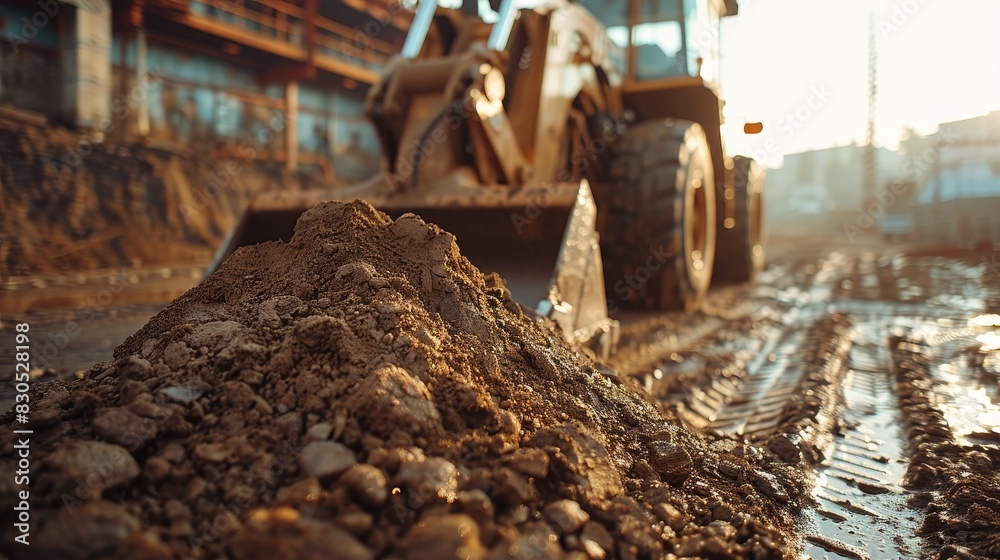 Fototapeta premium Close-up of a bulldozer's large bucket filled with sand, construction equipment focus, raw industrial setting