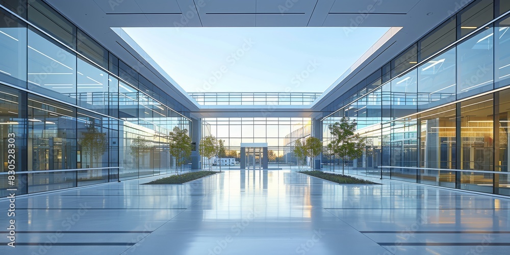 The ground floor of a hospital building from outside on a white sky day, continuous glass curtain wall, with no mullions. Generative AI. The ground floor of a hospital building from outside on a white sky day, continuous glass curtain wall, with no mullions. Generative AI.