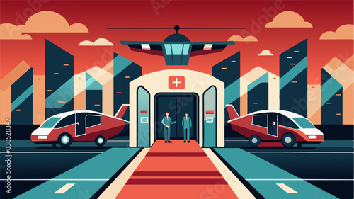 As the air taxis descended onto the landing pads their doors automatically od revealing luxurious interiors fit for VIPs arriving at the exclusive theater district.. Vector illustration