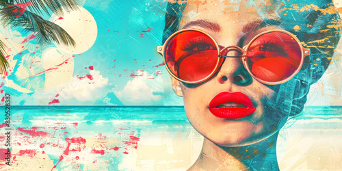 Beauty woman with red lips and trendy sunglasses looking forward. Retrro style illustration. Concept of vocation. Banner. photo