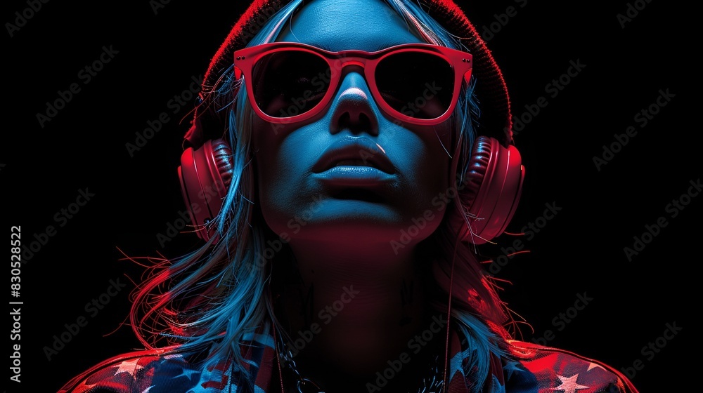 Model wearing sunglasses and headphone - American flag fashion design - patriotism - stylish - cool - black background 