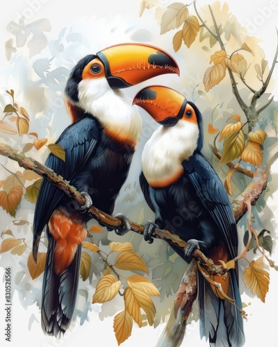 realistic illustration of couple tucans photo