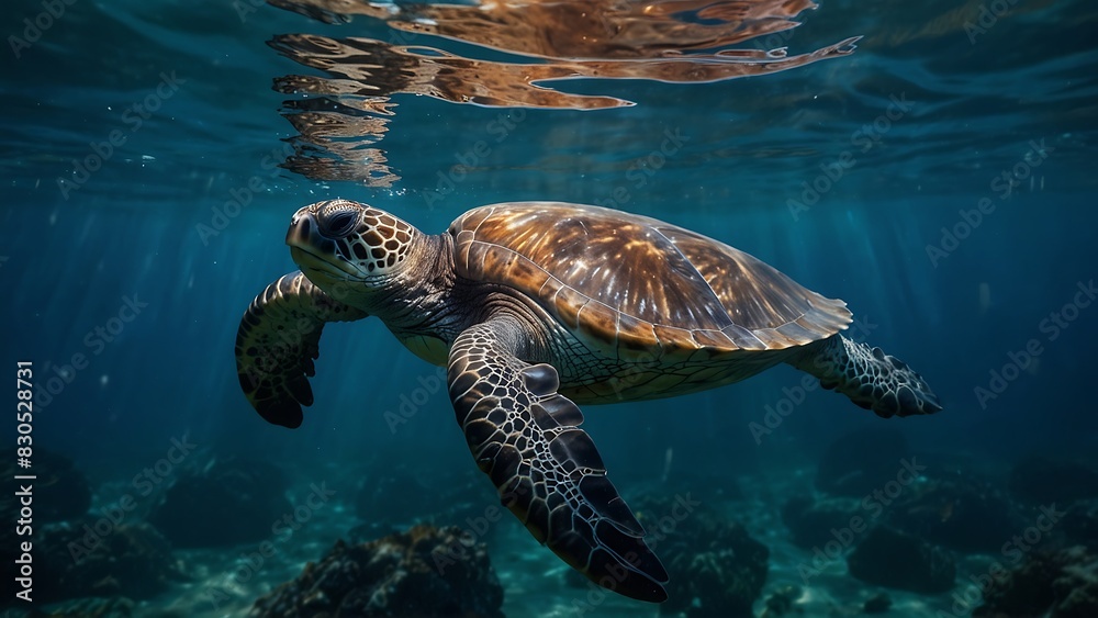 Obraz premium portrait of a turtle swimming in the deep sea