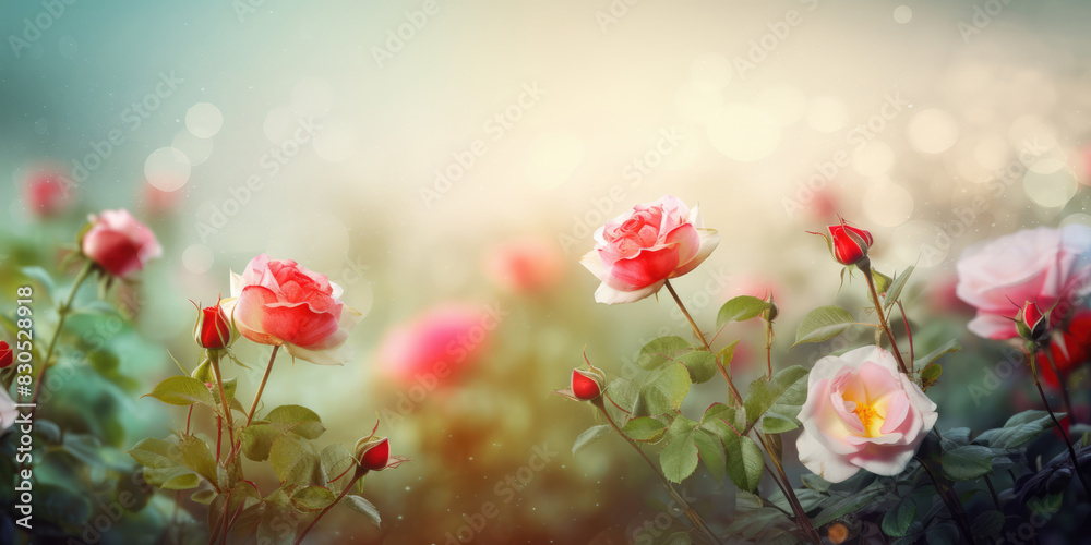 Obraz premium Red and Pink Roses in Rose Garden. Rose Flowers. Beautiful floral background for greeting card for Birthday, Mother's day, Women's day, Wedding