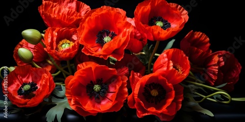 Symbolism of Red Poppies on Black Background for Remembrance Day and Armistice Day. Concept Symbolism  Red Poppies  Black Background  Remembrance Day  Armistice Day