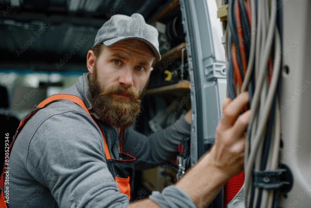 Electrical Installation. Bearded Electrician with Cable Fittings in Construction Industry Electrical Installation. Bearded Electrician with Cable Fittings in Construction Industry