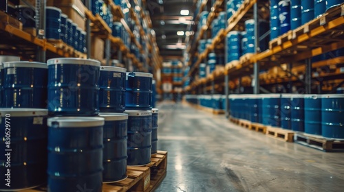 Close-up of blue chemical drums secured on wooden pallets, warehouse shelves filled with inventory in background, dispatch ready photo