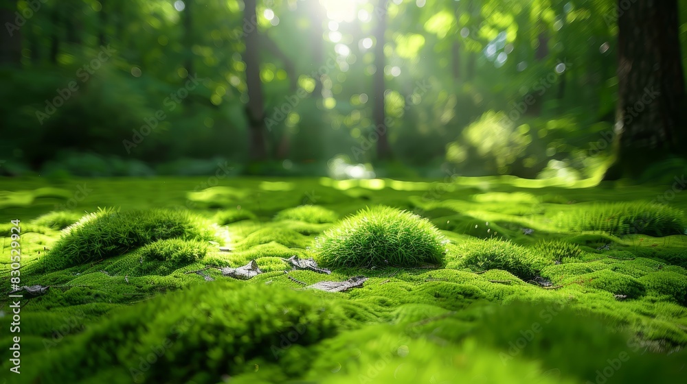 A lush field of green moss lies at the heart of the forest, surrounded by trees Sunlight filters through their branches on the opposite side (No need for a small patch A lush field of green moss lies at the heart of the forest, surrounded by trees Sunlight filters through their branches on the opposite side (No need for a small patch