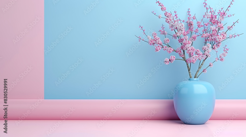 A blue vase with pink flowers on a pink-blue surface against a pink-blue wall Two matching arrangements A blue vase with pink flowers on a pink-blue surface against a pink-blue wall Two matching arrangements
