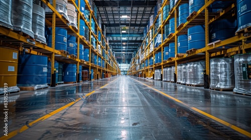Detailed view of hazardous material drums stored in a designated, secured area of a warehouse with safety protocols in place