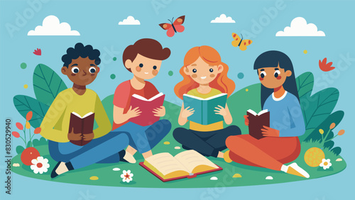 In the school garden a group of reading buddies settle onto a picnic blanket with a stack of books taking breaks to point out butterflies and flowers in between reading sessions.. Vector illustration